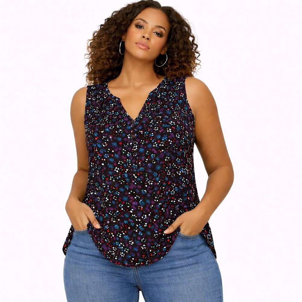 Roz & Ali Plus size women's tank polka dit blouse  sleeveless V neck  Size: 2X -